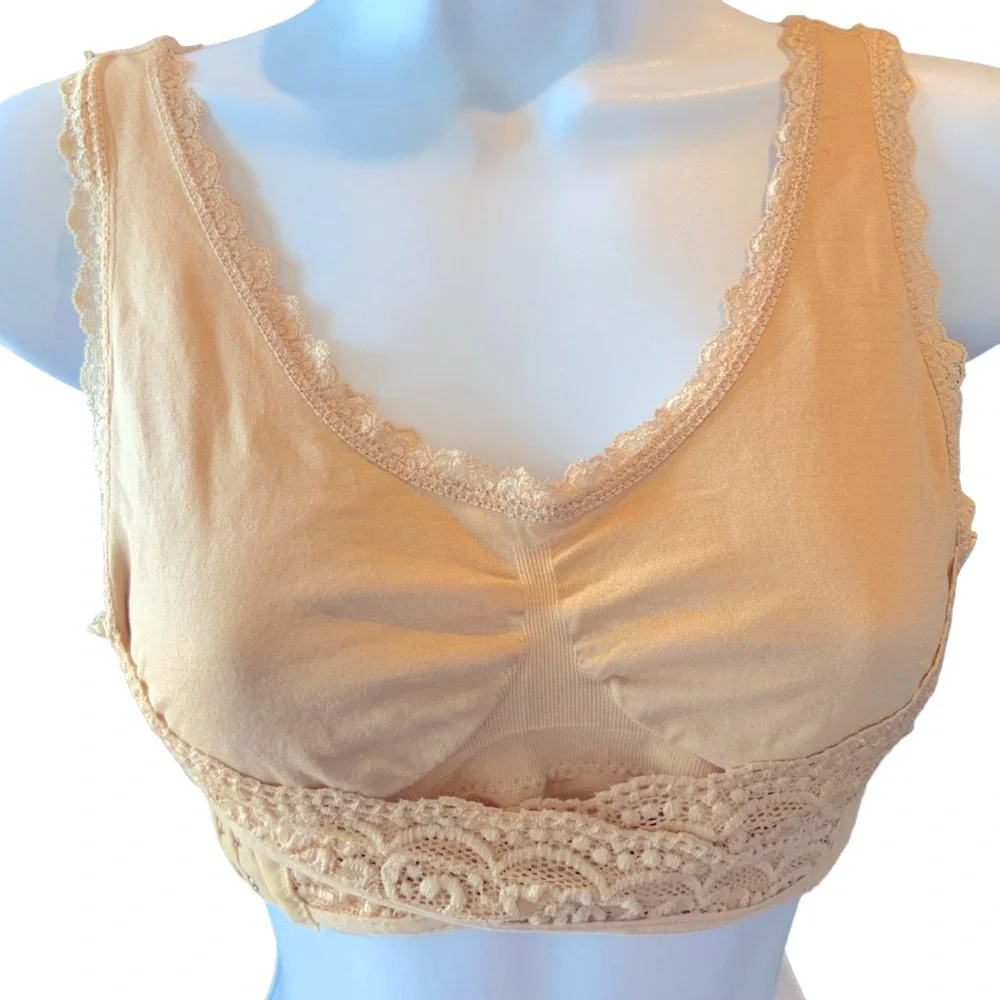 Sports Bra With Criss Cross Hook and Eye Lift Beige Removable Pads New Large